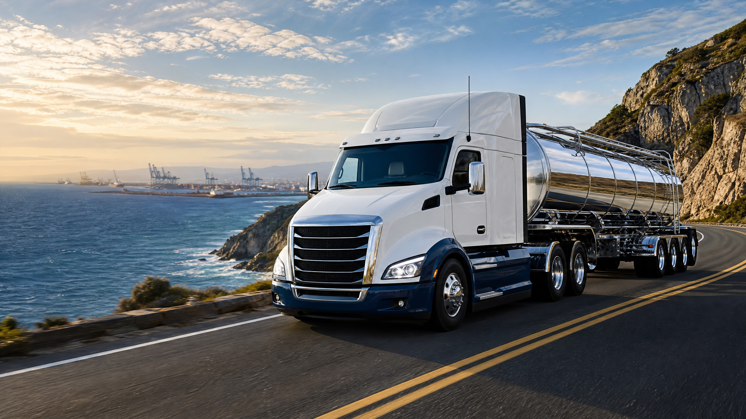 GSS Express tanker truck on a coastal highway with port cranes in the distance